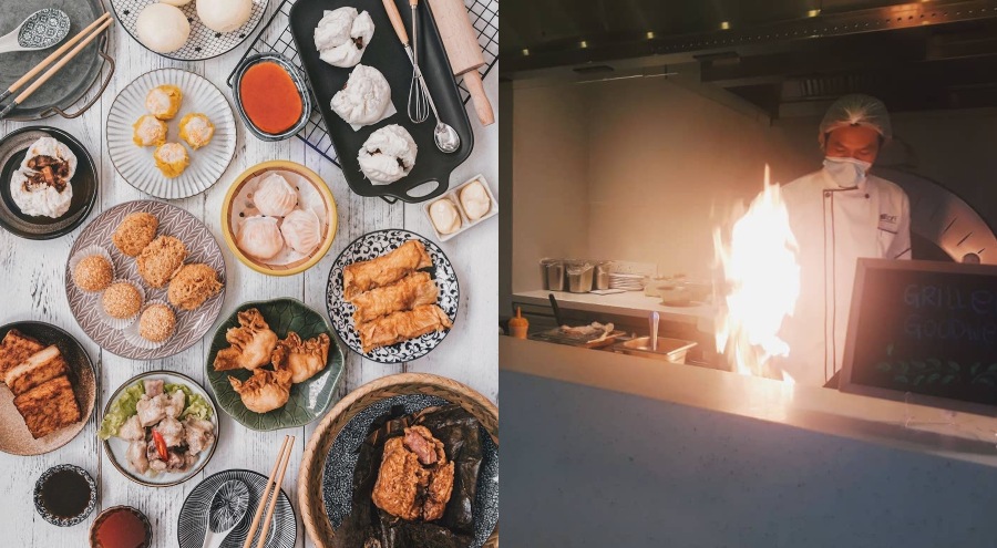 Dim sum spread (left) and a chef cooking (right). Photos: Shangri-La KL and Coconuts KL
