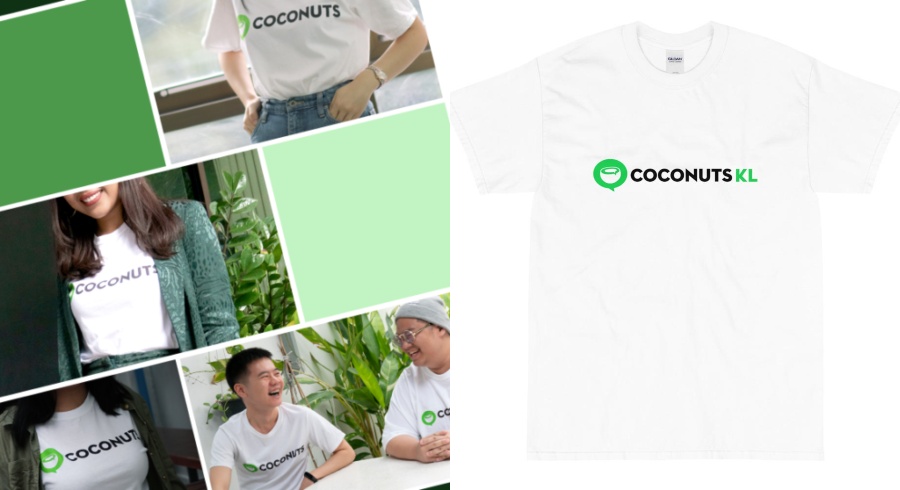 Models posing in Coconuts t-shirts (left) and the Coconuts KL City Logo Tee (right).
