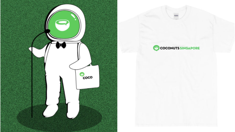 At left, Coconut’s mascot and the Coconuts Singapore tee on the right. Photos: Coconuts
