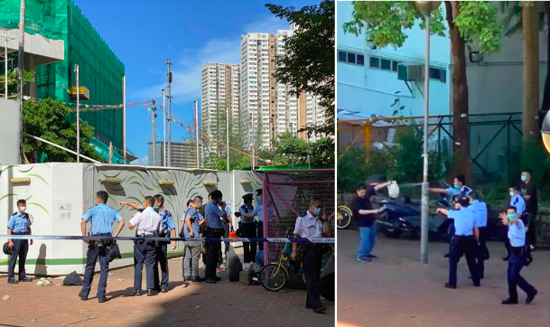 Police attempt to subdue maskless man on Nam Wan Road in Tai Po on July 17, 2020. Photos via Facebook/連桷璋 and Facebook/So Hyun Hei