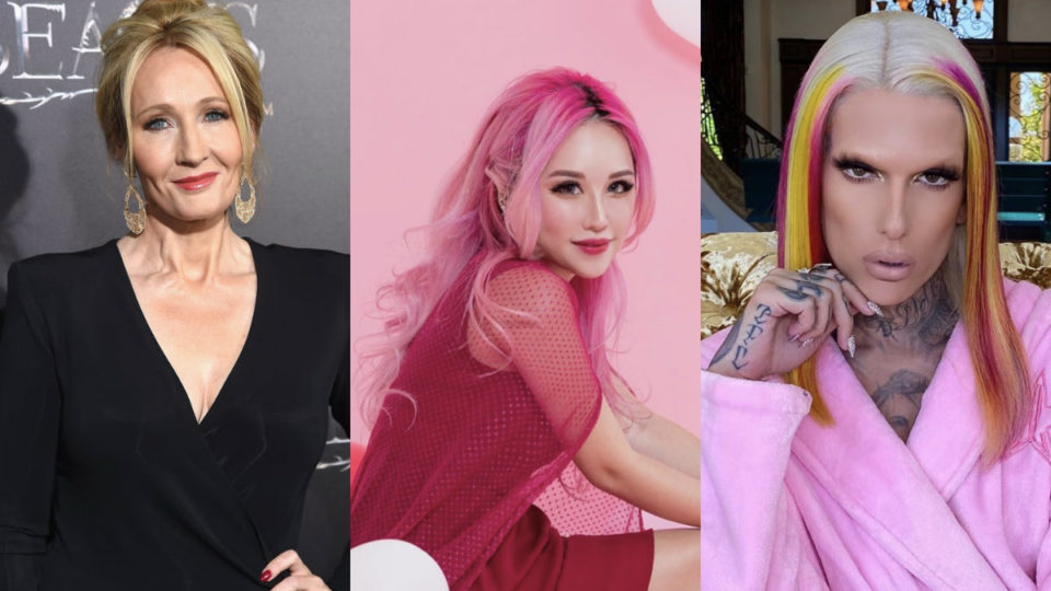 From left to right: JK Rowling, Xiaxue and Jeffree Star. Photos: Jamie McCarthy/Getty, Xiaxue/Instagram, Jeffree Star/Instagram