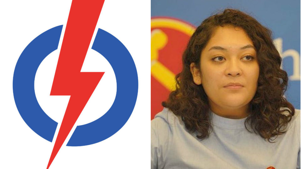 At left, the PAP logo, Workers’ Party candidate Raeesah Khan at right. Images: PAP/Facebook, Raeesah Khan/Facebook
