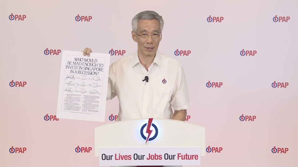 PM Lee Hsien Loong at his lunchtime rally on July 7, 2020. Image: PAP/Facebook