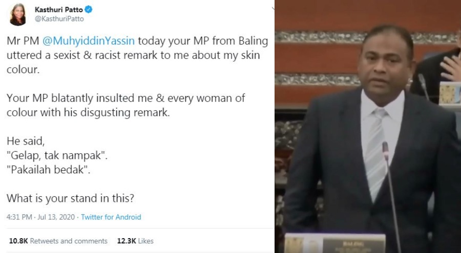 Kasthuriraani Patto’s tweet on ‘dark’ comment (left) and Abdul Azeez Abdul Rahim apologizing in parliament (right). Images: Kasthuriraani Patto /Twitter, Parlimen Malaysia /YouTube