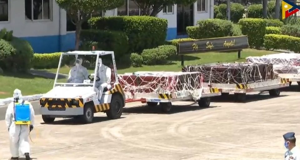 The remains of overseas Filipino workers arrive today at the Ninoy Aquino International Airport. Screenshot from PTV video 