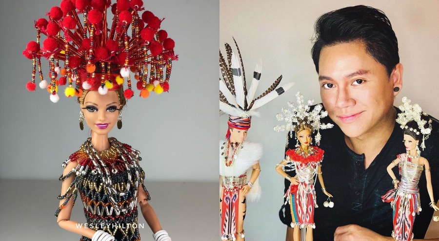 Barbie in ‘Ngepan Batang Rajang’ attire, at left, and Wesley posing with his well-dressed dolls, at right. Photos: Wesley Anak Juntan /Instagram