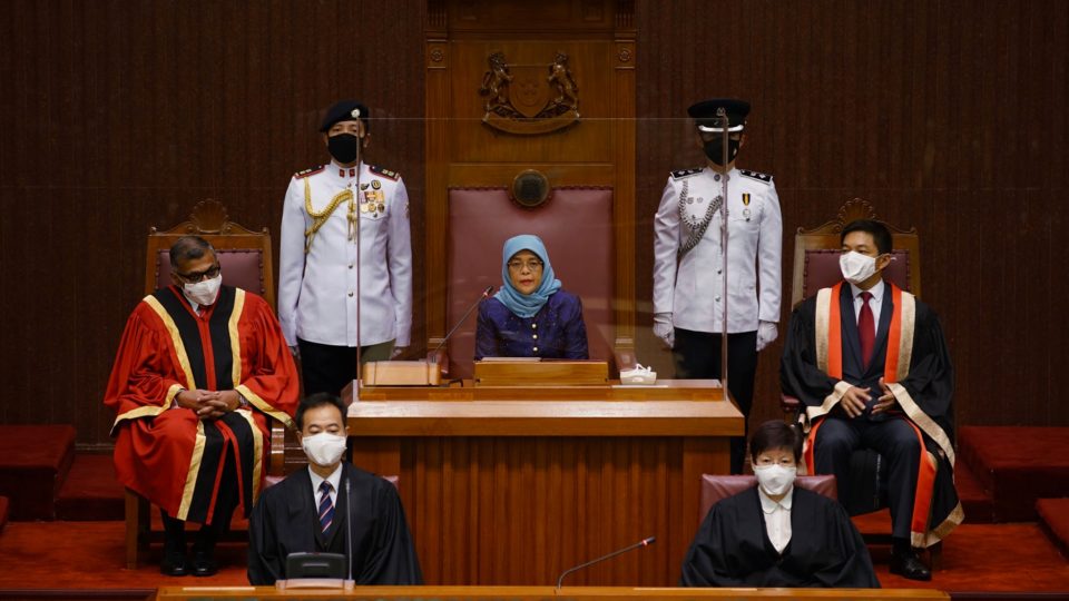 President Halima Yacob delivers an address Monday at the Parliament House. Image: Halimah Yacob/Facebook
