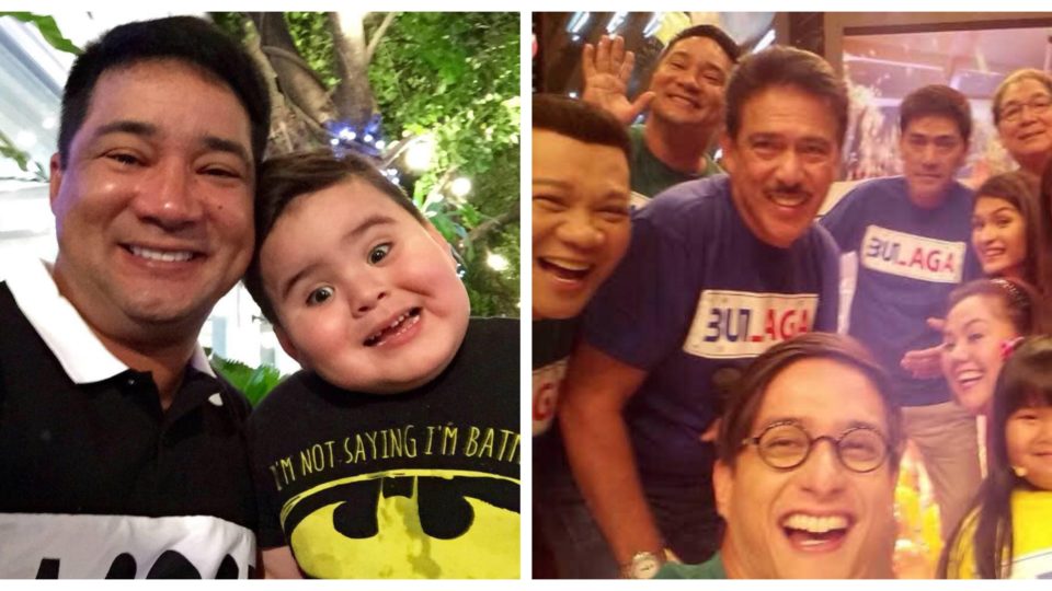 Left: Anjo Yllana with co-host Baste Granfon. Right: Yllana with other Eat Bulaga co-hosts, including pioneers Senator Vicente “Tito” Sotto, Vic Sotto, and Joey de Leon. 