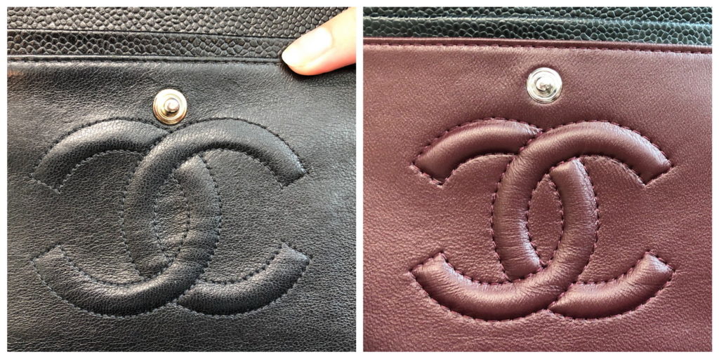 The snap stud is tucked in close to the real Chanel logo, at left, and much higher on the fake at right.