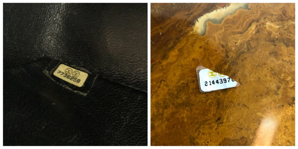 The hologram sticker of a real bag, at left, has a digital and blocky typeface, while the fake, at right, looks like it came from a typewriter.