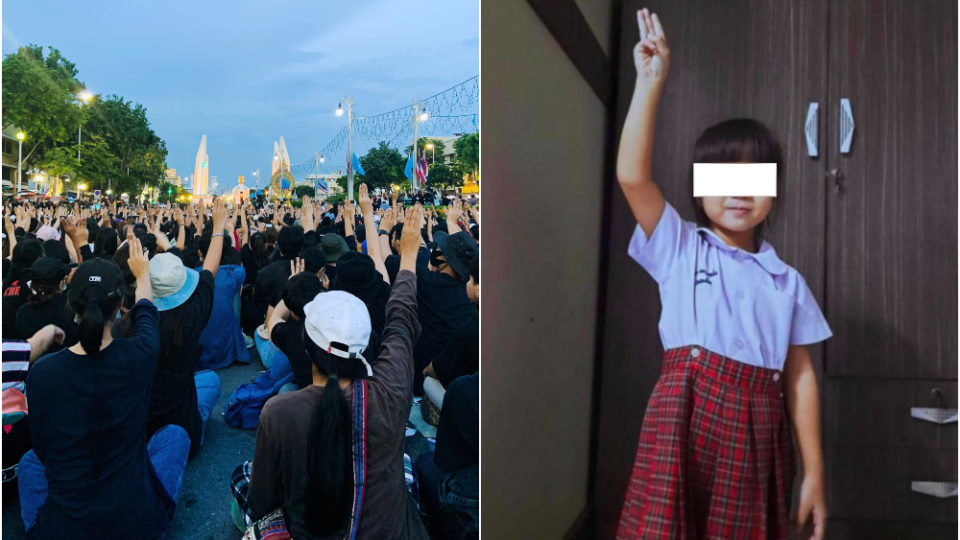 
At left, at least 10,000 people raise three-finger salutes Aug. 16 at the Democracy Monument. At right, an image of kindergarten student Om Yim of Yasothon province in an image that went viral and was blurred by the media. 
