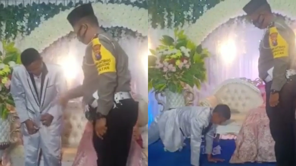 A groom from Randugong village of East Java’s Pasuruan regency was made to do push-ups by a police officer for not wearing a face mask during his wedding on Wednesday night. Screenshot from the video