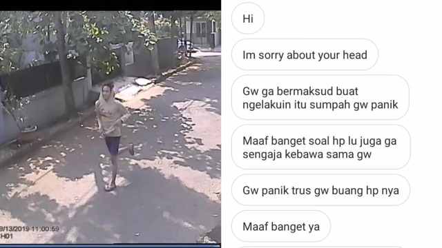 CCTV footage of an alleged rapist in Bintaro after leaving the scene of the crime (Left) and a screen capture of DM’s sent by the rapist apologizing for the rape. Photos: Instagram