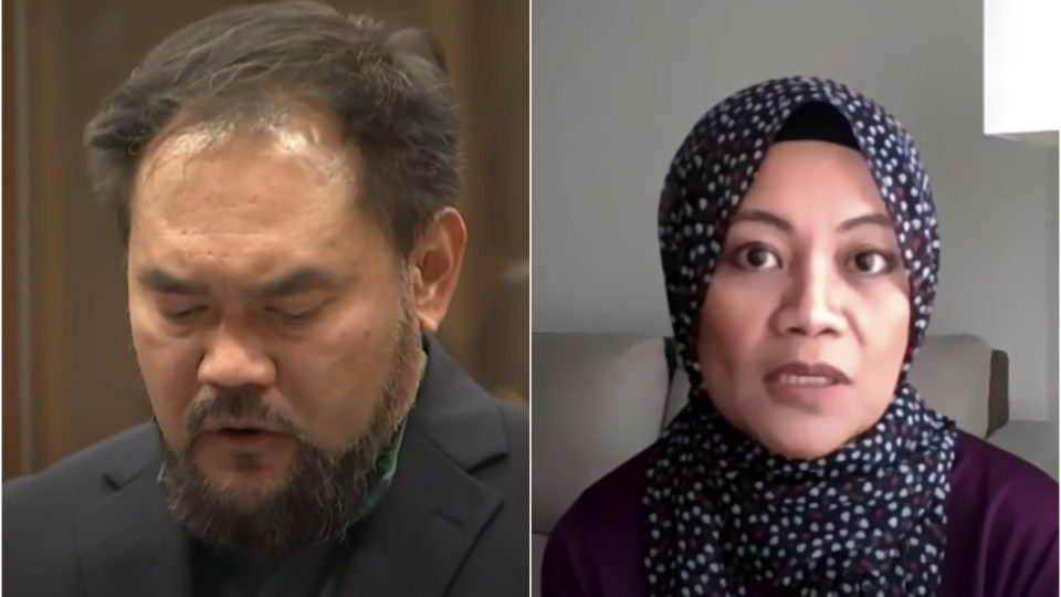 At left, Rashid bin Omar speaks about his slain son Tariq Rashid bin Omar. Hamimah Tuyan in an interview about her murdered husband, Zekeriya Tuyan, at right. Images: The New Zealand Herald, BBC News/YouTube
