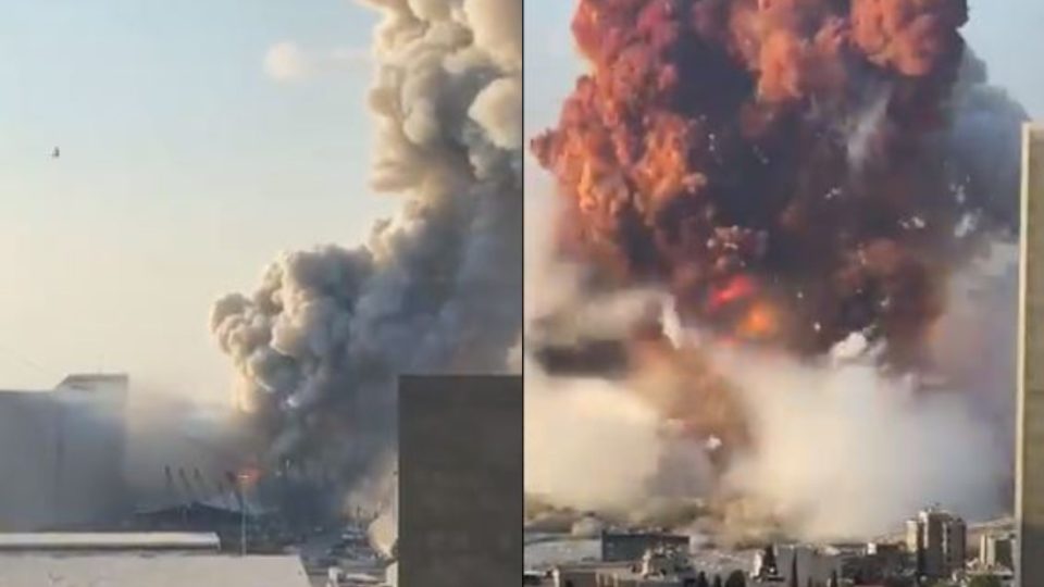 Screenshots of a video showing explosions in Beirut. Photos: Kabir Taneja /Twitter
