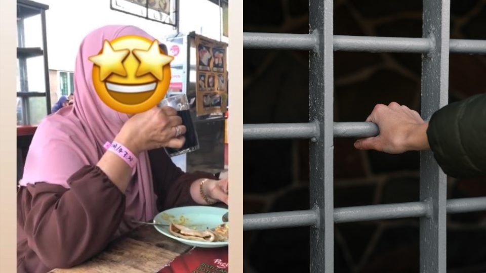 Viral photo of the woman at Hanaz Cafe (left) file photo of jail bars. Photos: Jemilah Mahmood /Twitter and Weston MacKinnon
