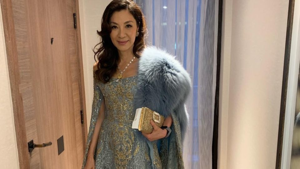Michelle Yeoh pictured in a hotel room, wearing a dress by Elie Saab. Photo: Michelle Yeoh /Instagram