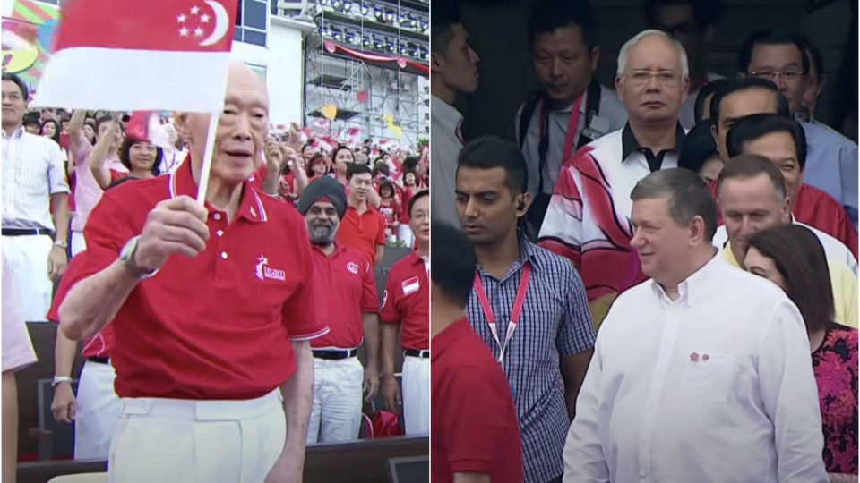 The late Lee Kuan Yew waves a flag, at left, and several former world leaders attend a past National Day Parade, at right. Images: 154thmedia2014, 154thmedia Entertainment/YouTube
