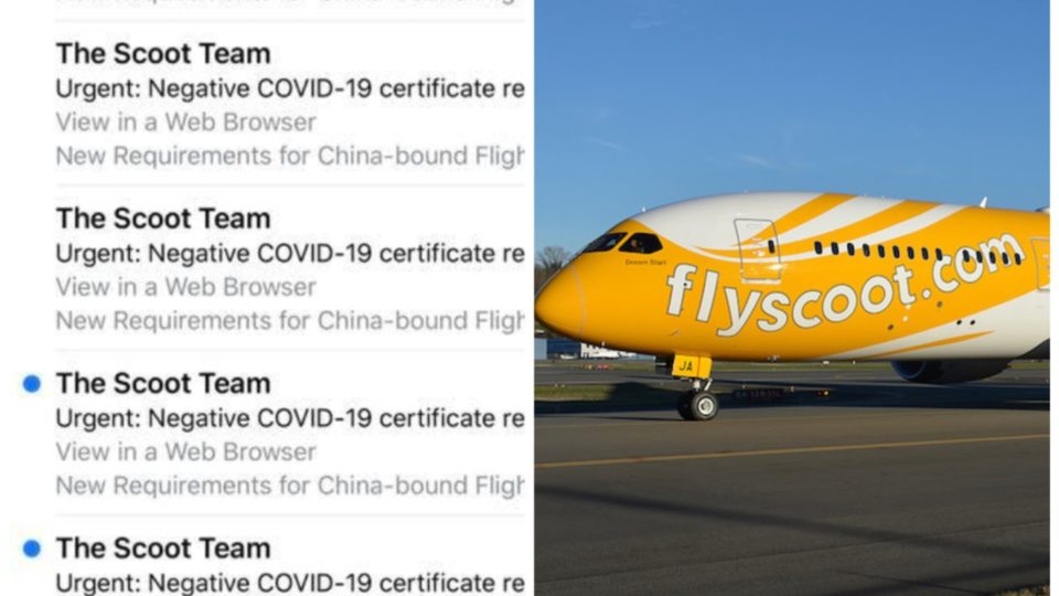 Multiple emails sent to a Scoot customer (left) and a file photo of Scoot’s aircraft. Images: Kingston Chua/Facebook, Andrew W. Sieber / Flickr
