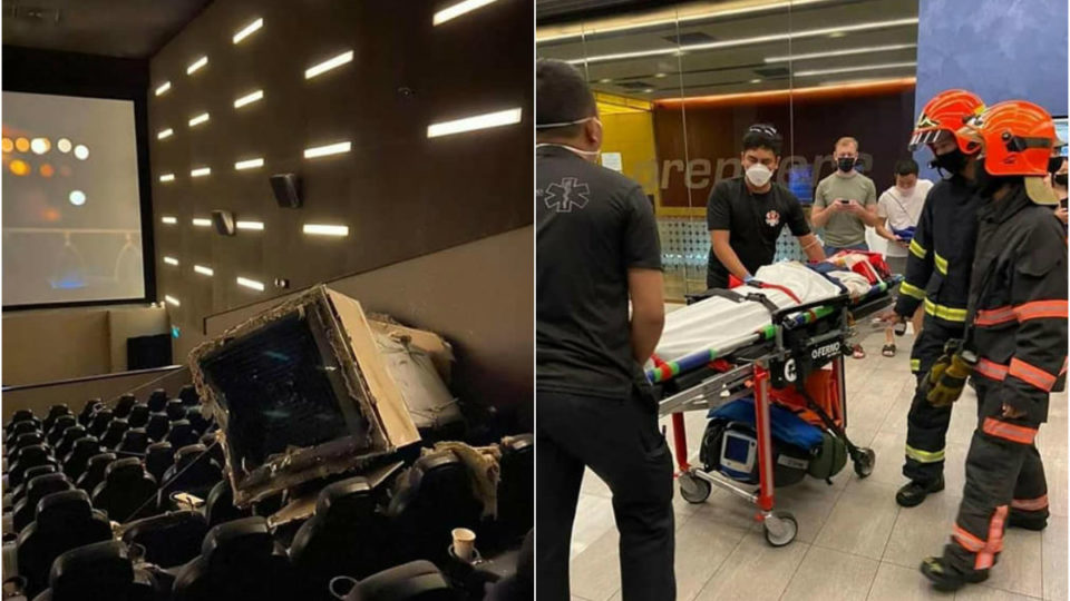 At left, the fallen air ventilation system. SCDF officers wheeling the injured on a gurney, at right. Photos: Raven Qiu/Facebook
