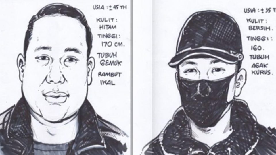 Sketches of the alleged gunmen who shot a businessman to death in Kelapa Gading, North Jakarta on Aug. 13. Photo: Istimewa