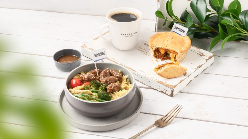 Group shot of the Impossible Pasta Salad Bowl and the Impossible Pie. Image: Starbucks Singapore
