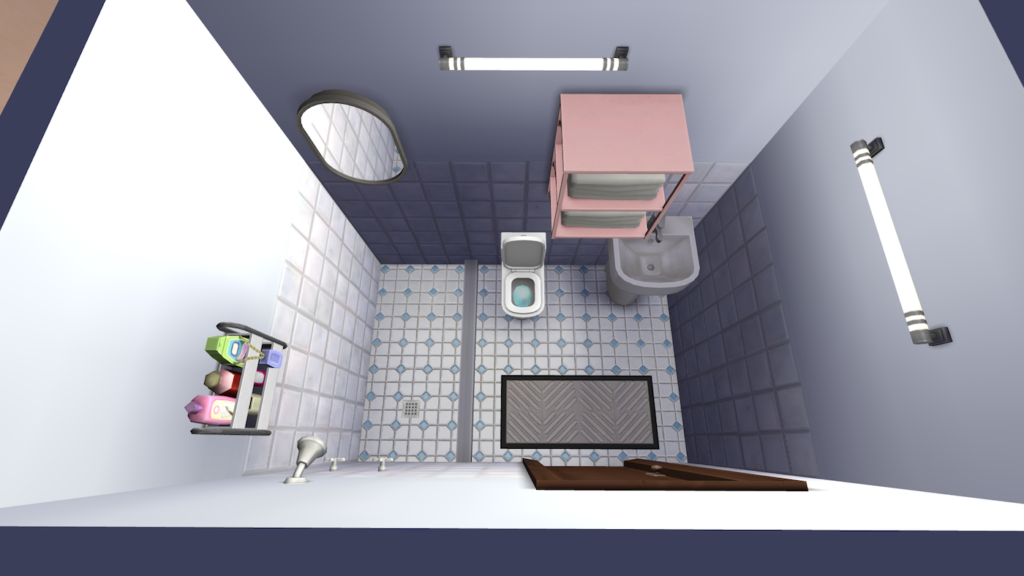 The shower area commands about half the space of the cramped bathroom