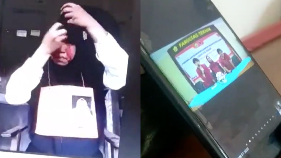 Bengkulu University’s Faculty of Engineering has become the center of controversy after a video showing a female freshman smearing red lipstick all over her face, following an order by an unseen male senior during virtual ospek, has been widely circulating on social media since yesterday. Another clip shows a freshman cowering to his senior’s aggressive verbal abuse. Screenshot from Twitter/@ababil_kuadrat