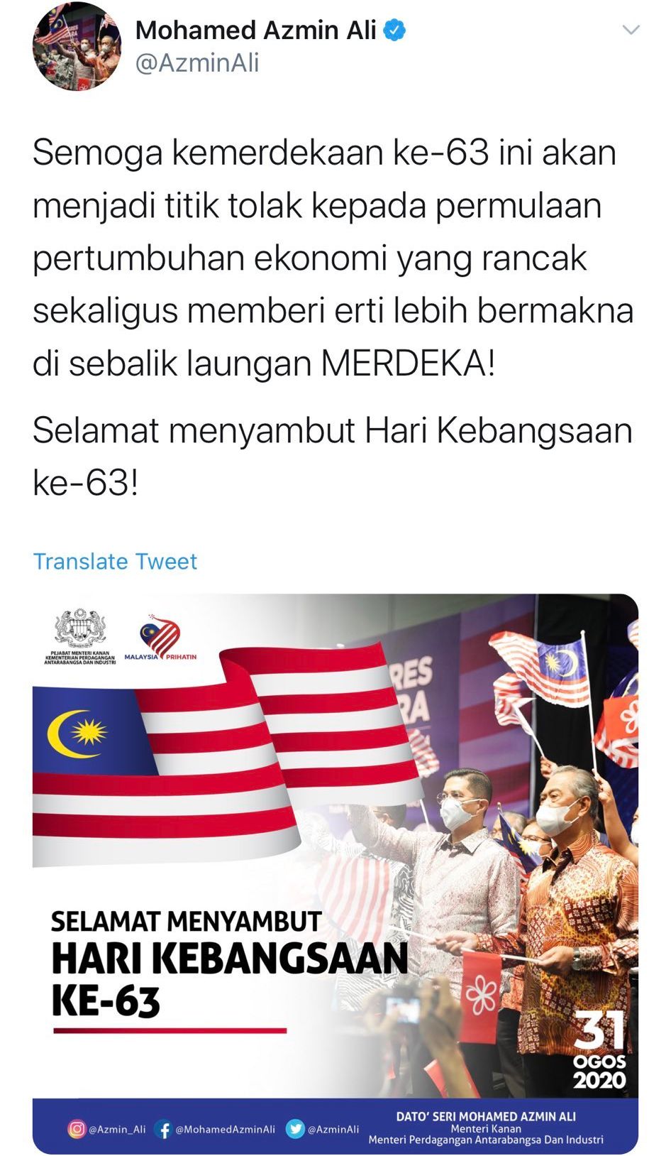 Screenshot of Azmin Ali’s Twitter post. Photo: Azmin Ali /Twitter