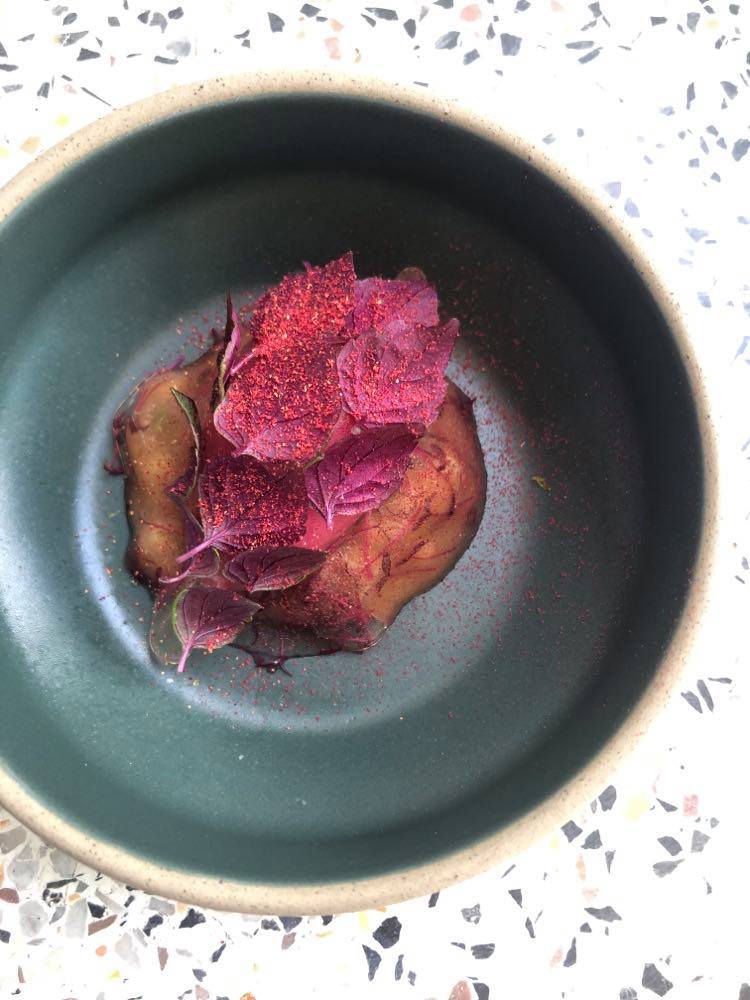 Purple shiso sorbet, green apple and calvados. Photo: Michelle Goh / Courtesy