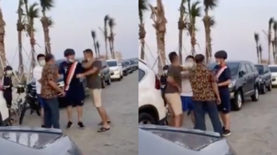 JM (grey shirt) was filmed claiming to be a cop and cursing at a bunch of cyclists in Pantai Indah Kapuk 2 (PIK 2), North Jakarta on Monday (Aug. 31). A video of the altercation has circulated widely on social media. Screenshot from video