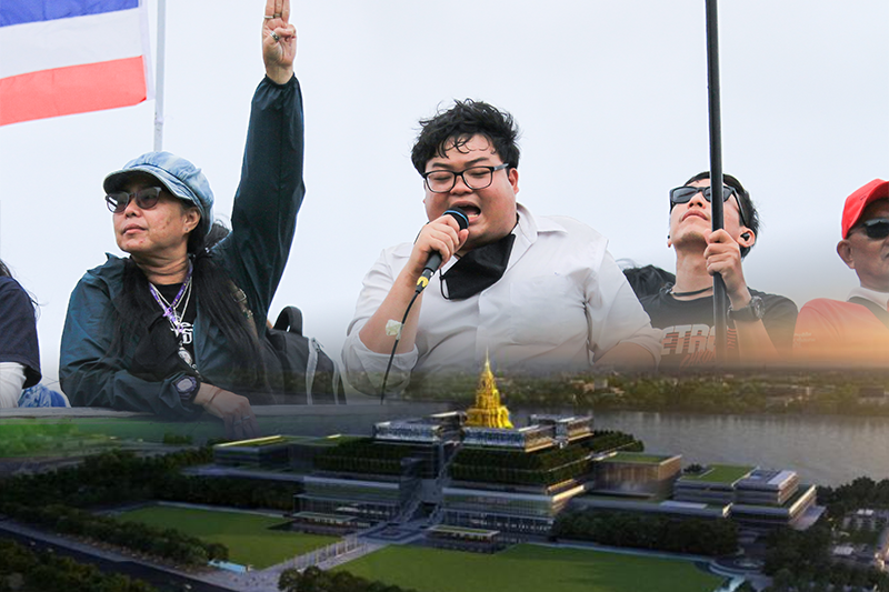 Parit ‘Penguin’ Chiwarak , in white at center, speaks at Saturday’s mass anti-government rally at Bangkok’s Sanam Luang above a computer rending of the unfinished Sappaya-Sapasathan parliament building. Original image: Coconuts