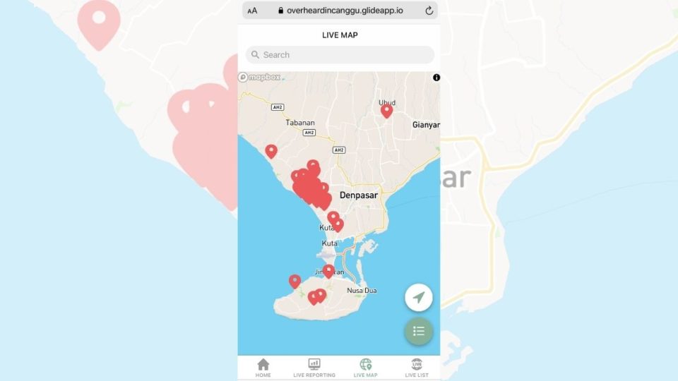 A screengrab of the live map feature on the Overheard in Canggu app. 