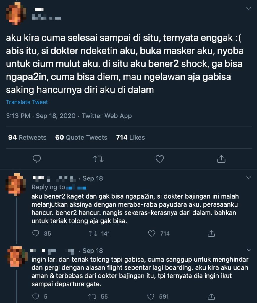 Screenshot of LHI's tweets that detailed EF's sexual harassment against her at Soekarno-Hatta Airport.