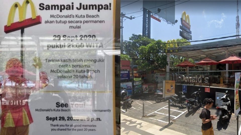 McDonald’s Kuta Beach is reportedly closing down permanently on Sept. 29, 2020. Photos: Instagram and Google Maps