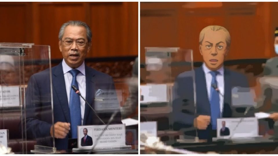 Muhyiddin Yassin in parliament, at left, and the anime version. Photo: Muhyiddin Yassin/Facebook
