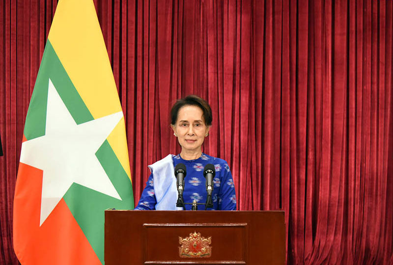 File photo of Aung San Suu Kyi delivering a national address.