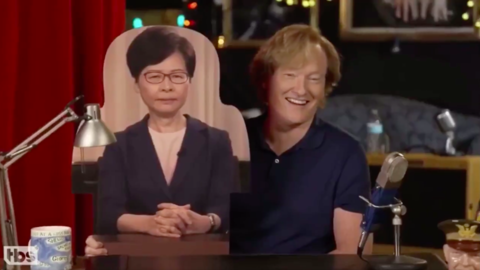 A cardboard cutout of Chief Executive Carrie Lam appears on Conan O’Brien’s talk show on Sept. 8, 2020. Photo via Team Coco