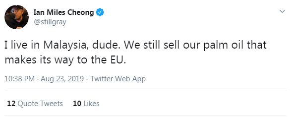 Screenshot of Ian Miles Cheong's tweet saying he lives in Malaysia