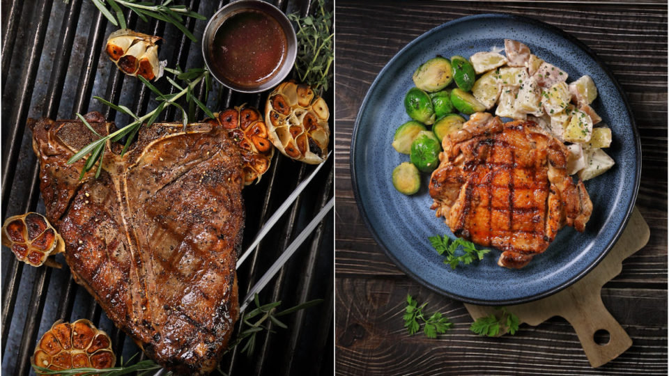 At left, the T-Bone Steak, the Char-Grill Spicy Chicken Chop with Homemade Dynamite Sauce, at right. Photos: Josh’s Grill
