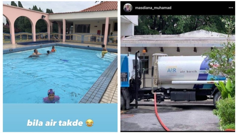 Children playing in the swimming pool (left), and a water tanker parked outside a home (right). Photos: Masdiana Muhamad /Instagram
