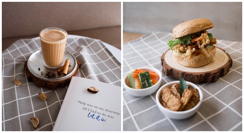 Masala chai tea (left) and enoki mushroom burger with acar and tempeh. Photos: M’Laboori/Instagram