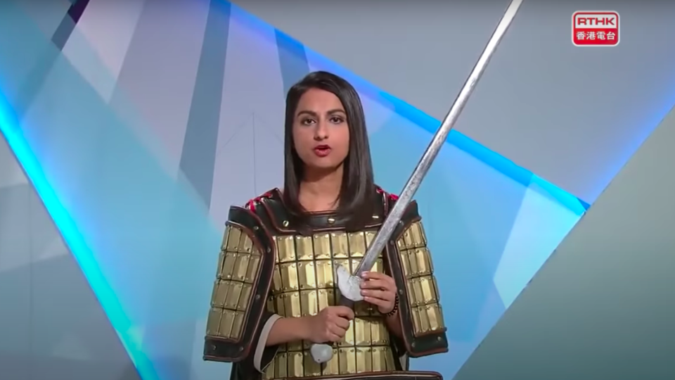 RTHK presenter Nabela Qoser donned an armored costume in her opening report about the controversy surrounding Disney’s Mulan film on the broadcaster’s “This Week” program on Sept. 15, 2020. Photo via YouTube/RTHK