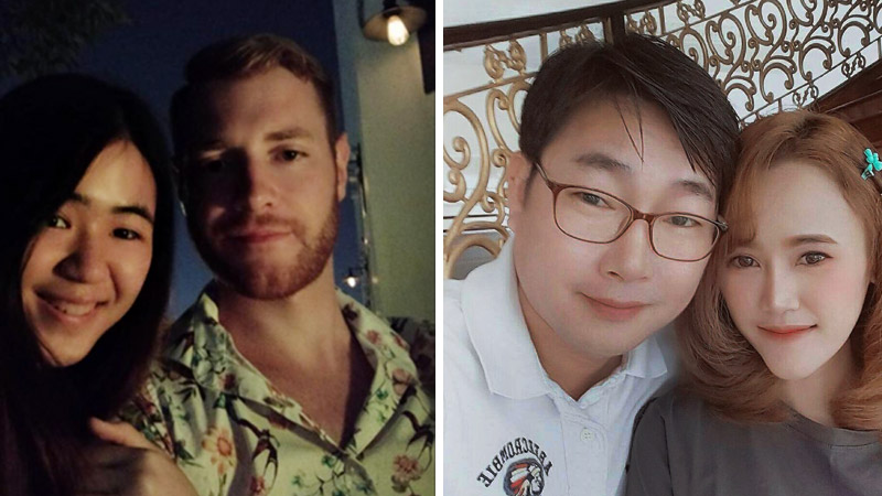 From left, Nara Rojwatana and her German boyfriend; Patcharee Rattarangsee and her South Korean boyfriend. Photos: Courtesy Love is Not Tourism