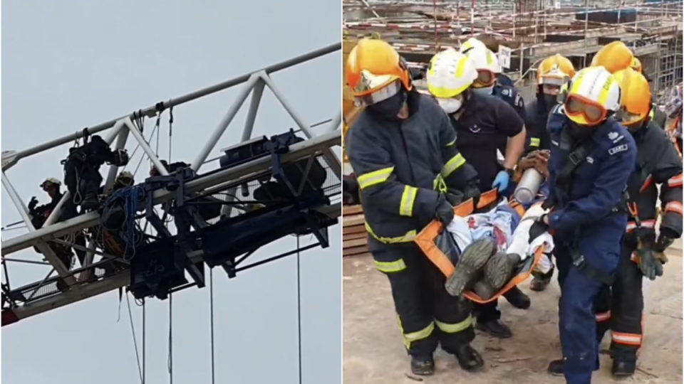 At left, four SCDF officers tend to the man in the air. At right, seven carry him to a waiting vehicle. Photos: SCDF/Facebook
