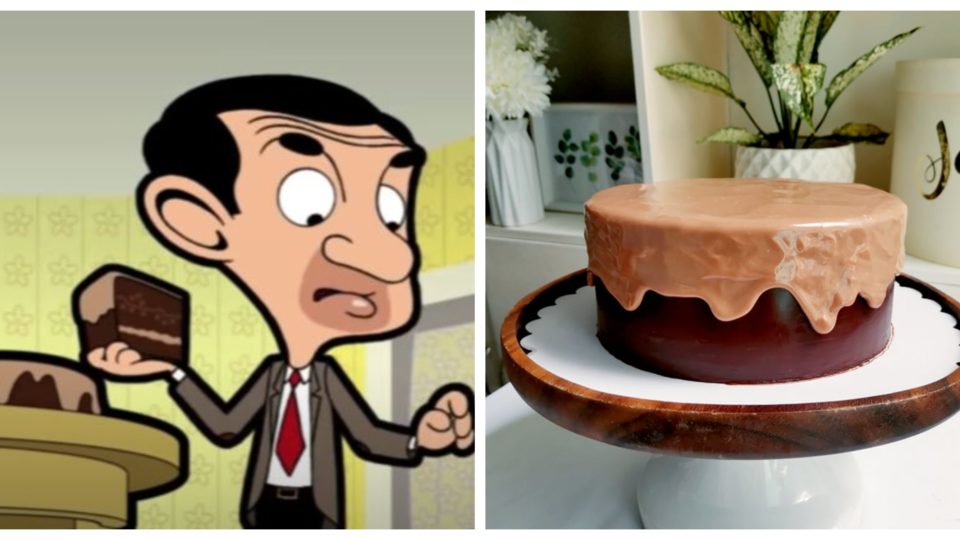 Mr. Bean and Jacee Uy’s version of his chocolate cake. Screenshot from Mr. Bean/Youtube and photo from Uy