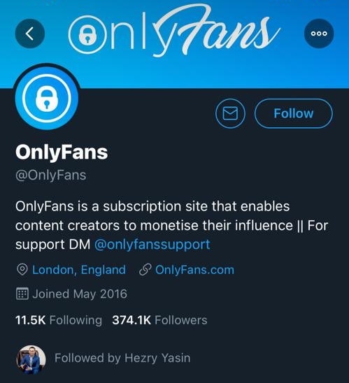 Screenshot that shows Hezry following the official OnlyFans Twitter account