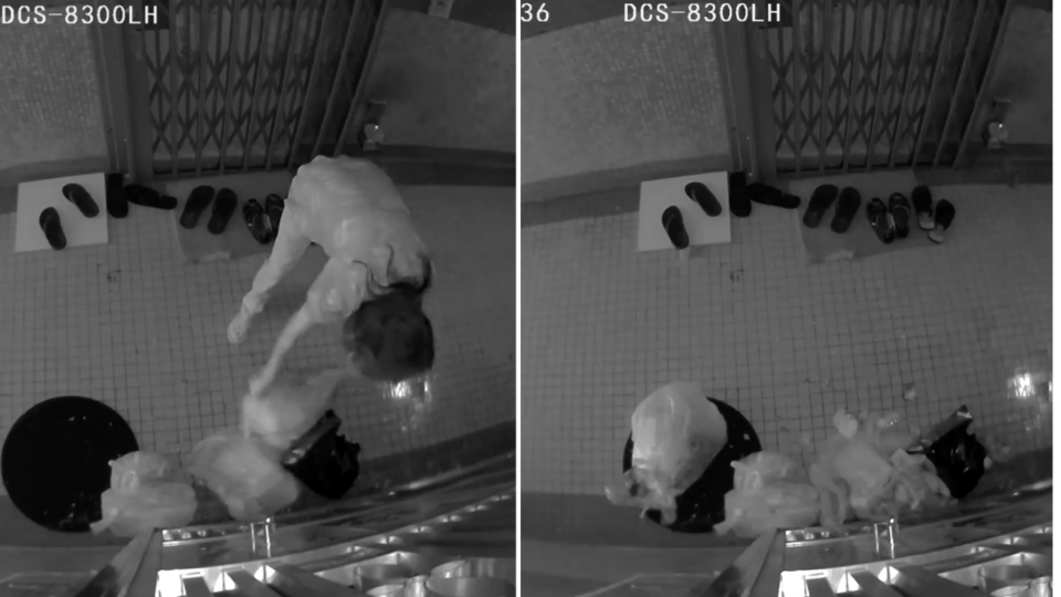 In the CCTV footage, a masked woman in Hin Keng Estate, Tai Wai, is seen throwing bags of trash against the neighbor’s gate and pouring liquid outside her front door. Photo via Facebook/Sami Chan