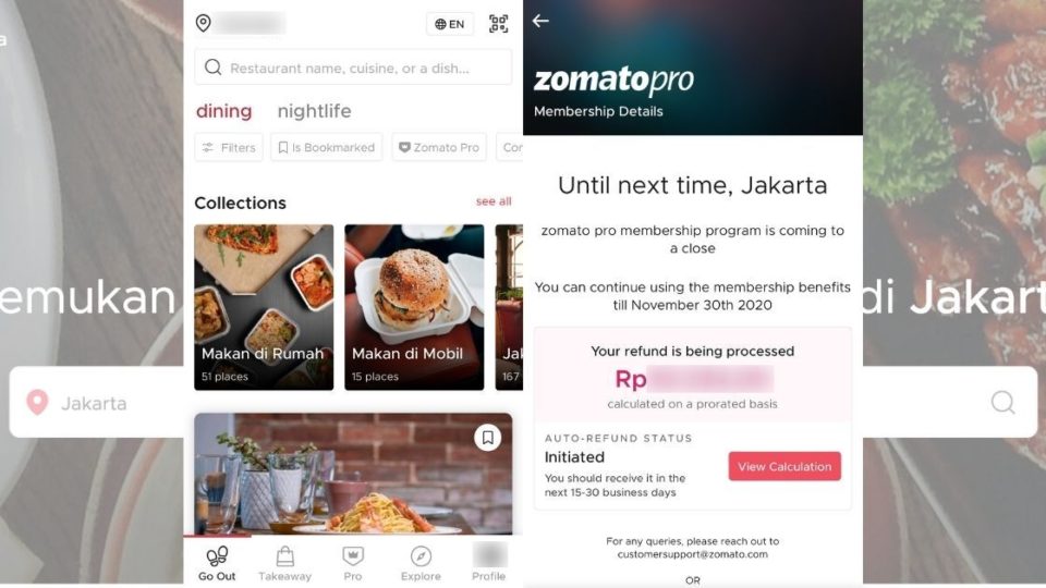 Screenshots of Zomato’s homepage (L) and notice to Zomato Pro members (R).