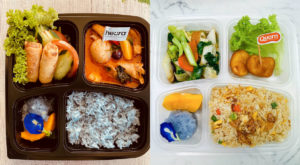 At left, the Heura Red Curry (S) bento box and the Vegetarian Fried Rice with Quorn Nuggets (S) at right. Images: Blue Jasmine